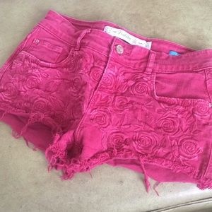 Zara Red Jean Shorts Distressed Frayed Hem